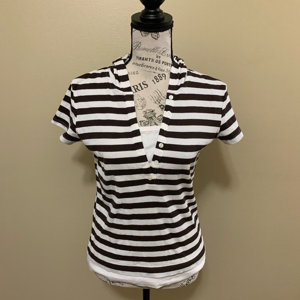Cato Brown & White Striped Hoodie Short Sleeve Top Size Small